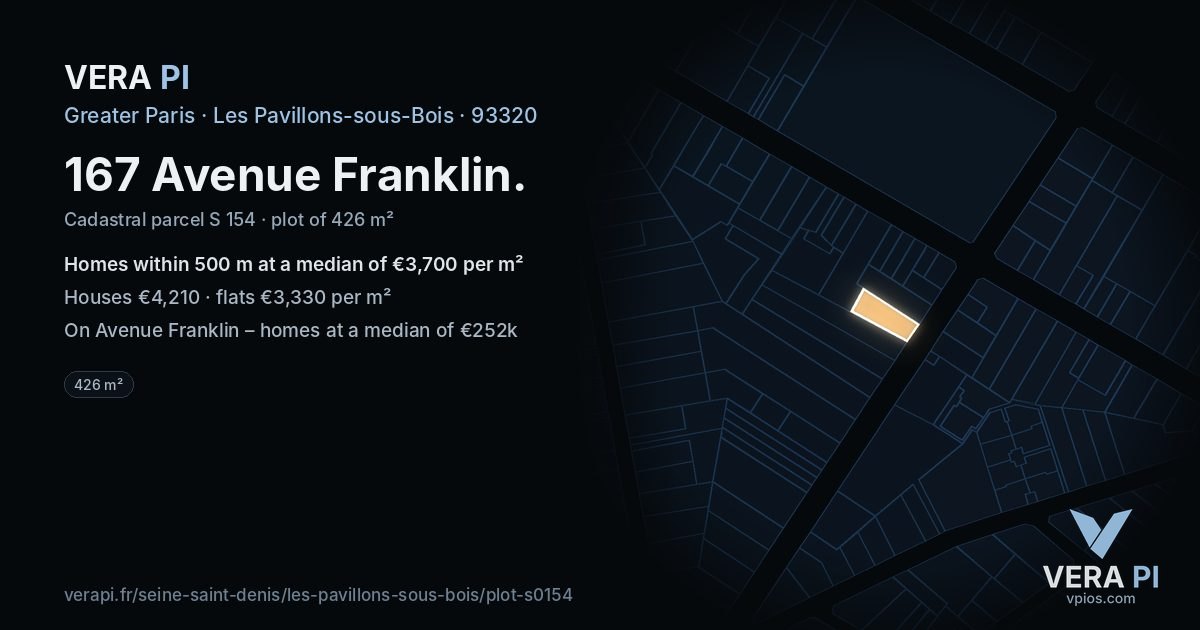 167 Avenue Franklin, Les Pavillons-sous-Bois at night – the plot lit, the parcels around coloured by the prices near them