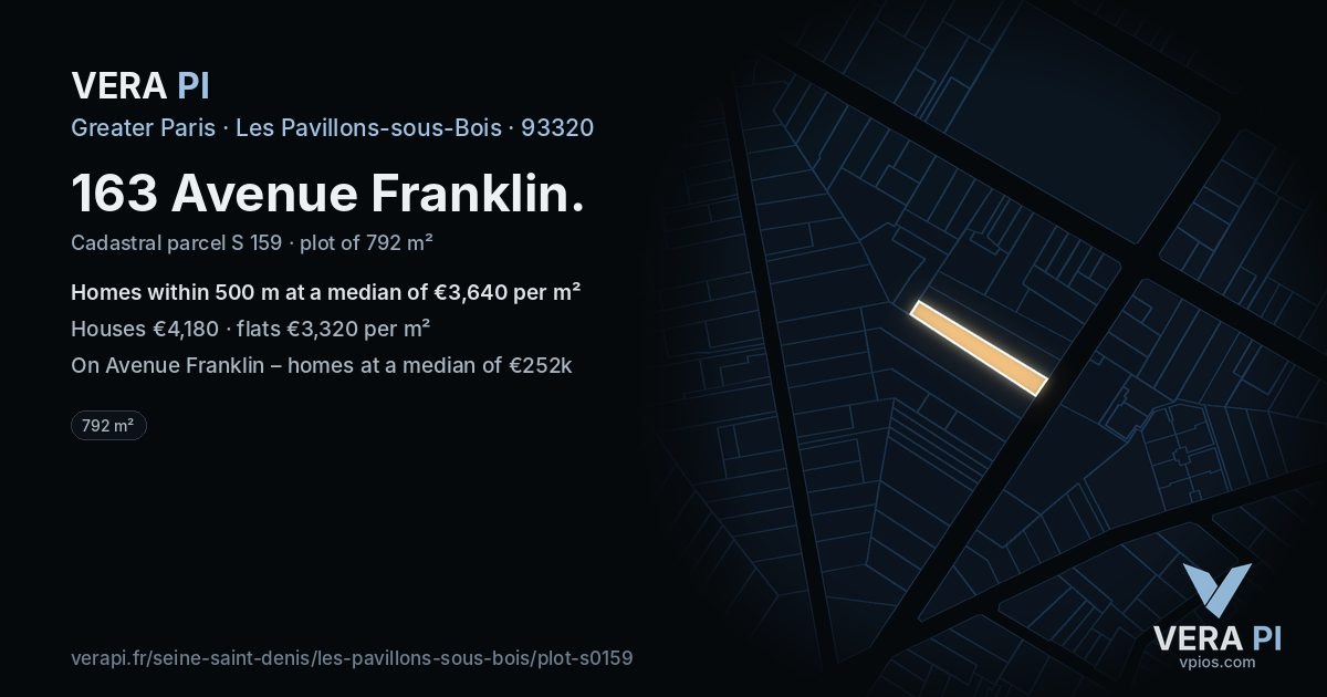 163 Avenue Franklin, Les Pavillons-sous-Bois at night – the plot lit, the parcels around coloured by the prices near them