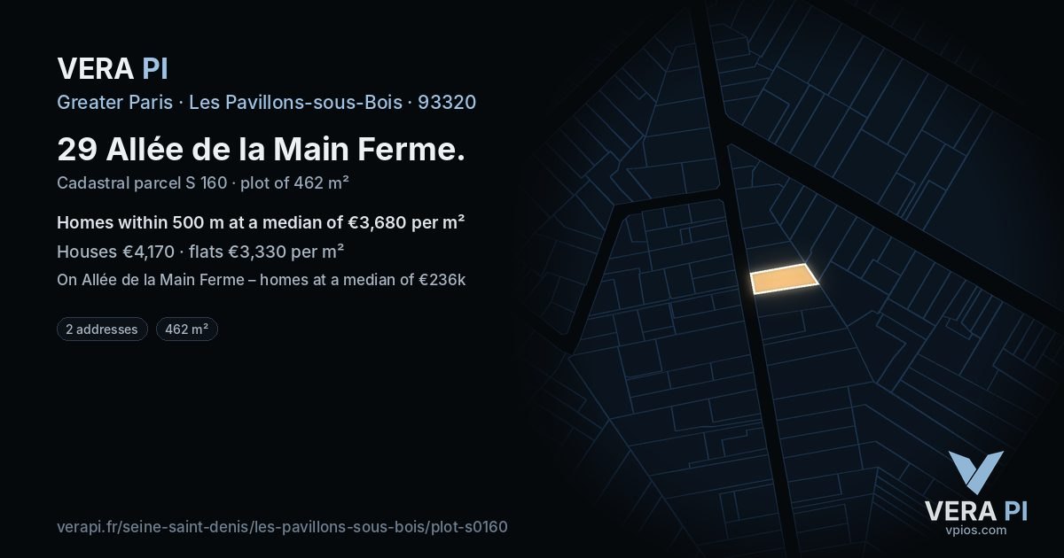 29 Allée de la Main Ferme, Les Pavillons-sous-Bois at night – the plot lit, the parcels around coloured by the prices near them