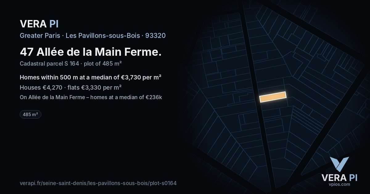 47 Allée de la Main Ferme, Les Pavillons-sous-Bois at night – the plot lit, the parcels around coloured by the prices near them