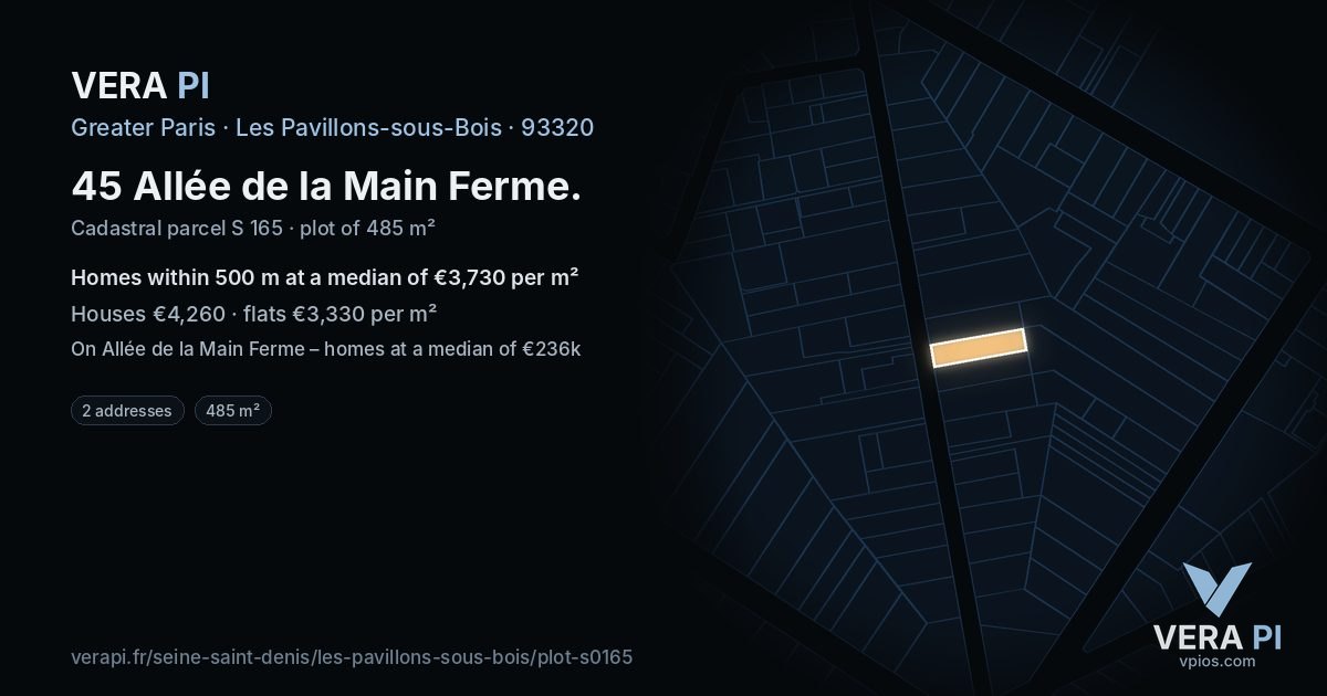 45 Allée de la Main Ferme, Les Pavillons-sous-Bois at night – the plot lit, the parcels around coloured by the prices near them