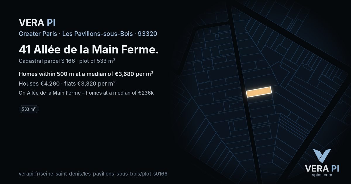 41 Allée de la Main Ferme, Les Pavillons-sous-Bois at night – the plot lit, the parcels around coloured by the prices near them