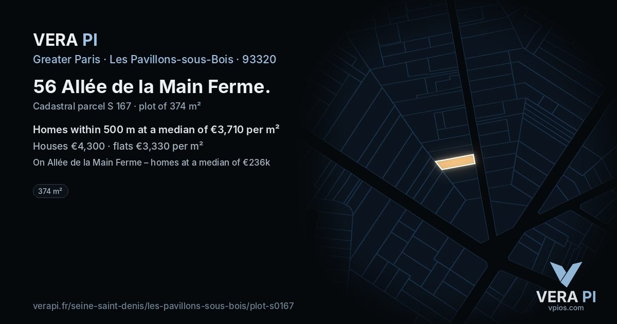 56 Allée de la Main Ferme, Les Pavillons-sous-Bois at night – the plot lit, the parcels around coloured by the prices near them