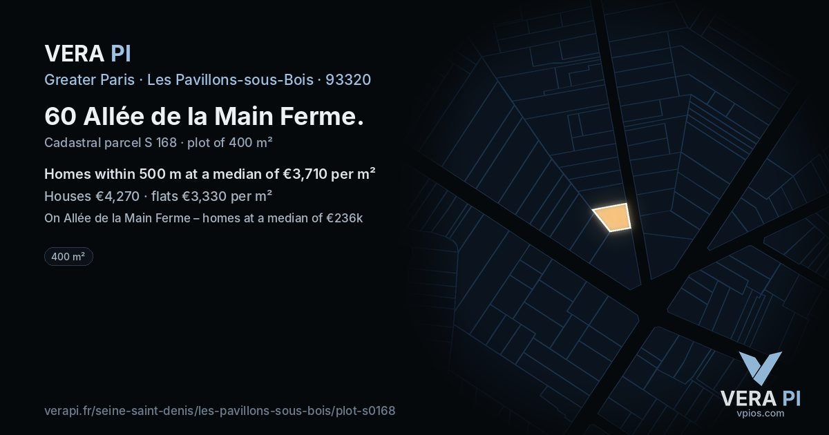 60 Allée de la Main Ferme, Les Pavillons-sous-Bois at night – the plot lit, the parcels around coloured by the prices near them