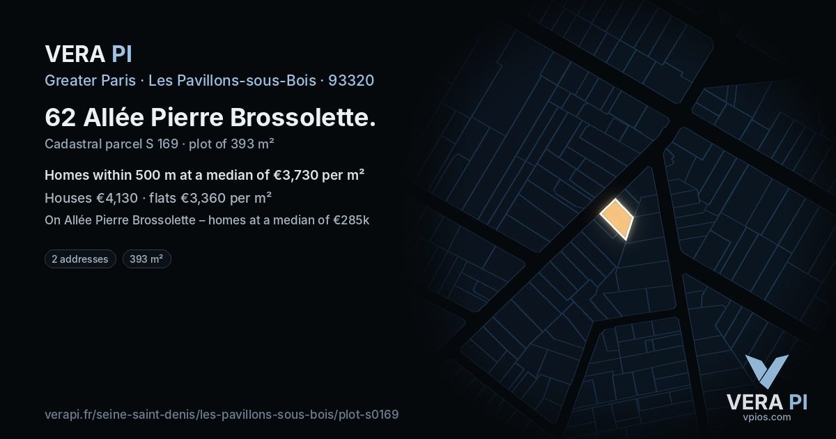 62 Allée Pierre Brossolette, Les Pavillons-sous-Bois at night – the plot lit, the parcels around coloured by the prices near them