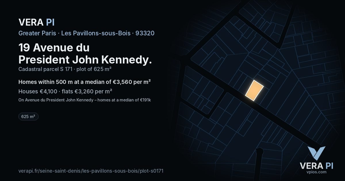 19 Avenue du President John Kennedy, Les Pavillons-sous-Bois at night – the plot lit, the parcels around coloured by the prices near them