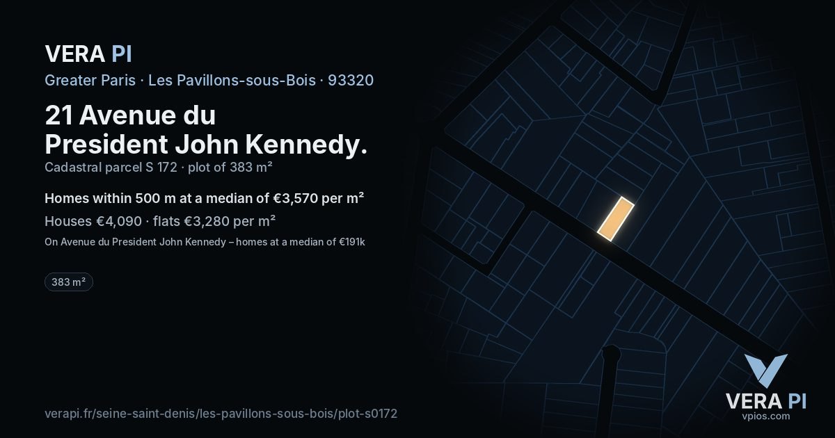 21 Avenue du President John Kennedy, Les Pavillons-sous-Bois at night – the plot lit, the parcels around coloured by the prices near them