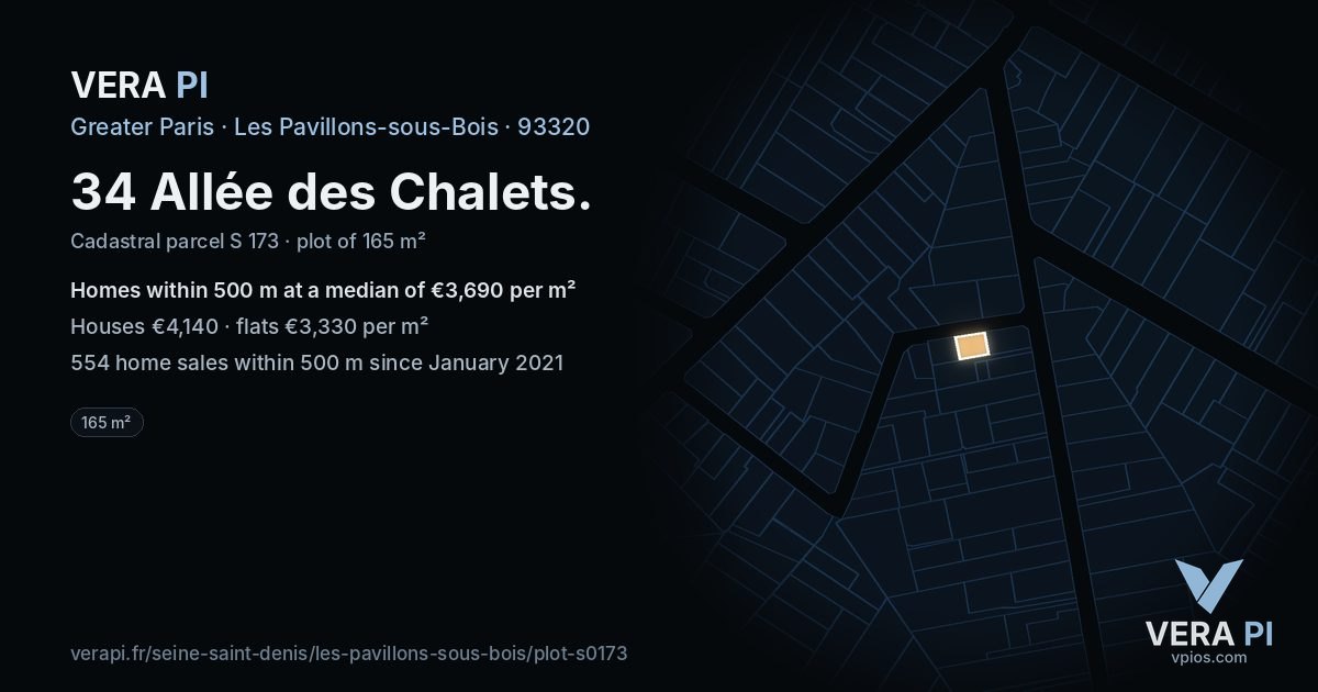 34 Allée des Chalets, Les Pavillons-sous-Bois at night – the plot lit, the parcels around coloured by the prices near them