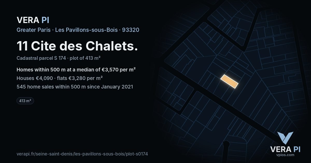 11 Cite des Chalets, Les Pavillons-sous-Bois at night – the plot lit, the parcels around coloured by the prices near them