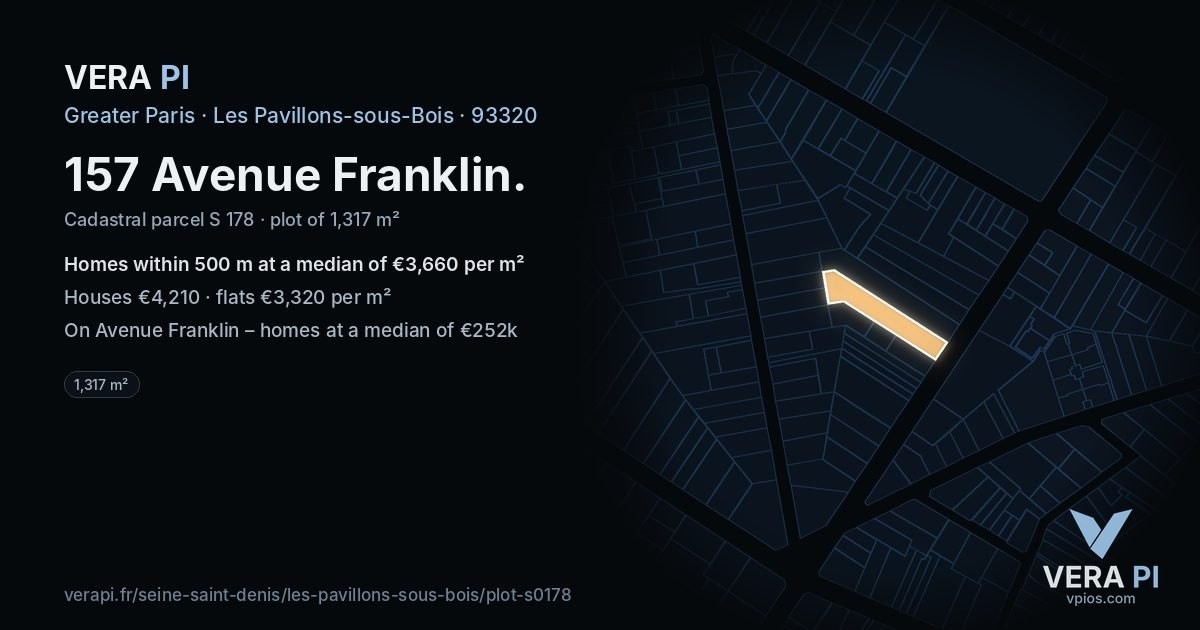 157 Avenue Franklin, Les Pavillons-sous-Bois at night – the plot lit, the parcels around coloured by the prices near them