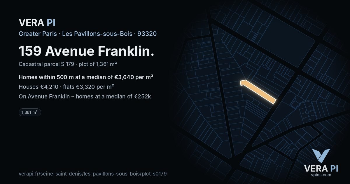 159 Avenue Franklin, Les Pavillons-sous-Bois at night – the plot lit, the parcels around coloured by the prices near them