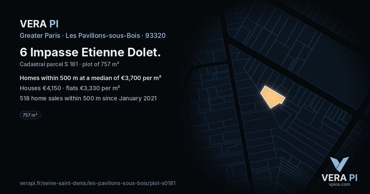 6 Impasse Etienne Dolet, Les Pavillons-sous-Bois at night – the plot lit, the parcels around coloured by the prices near them