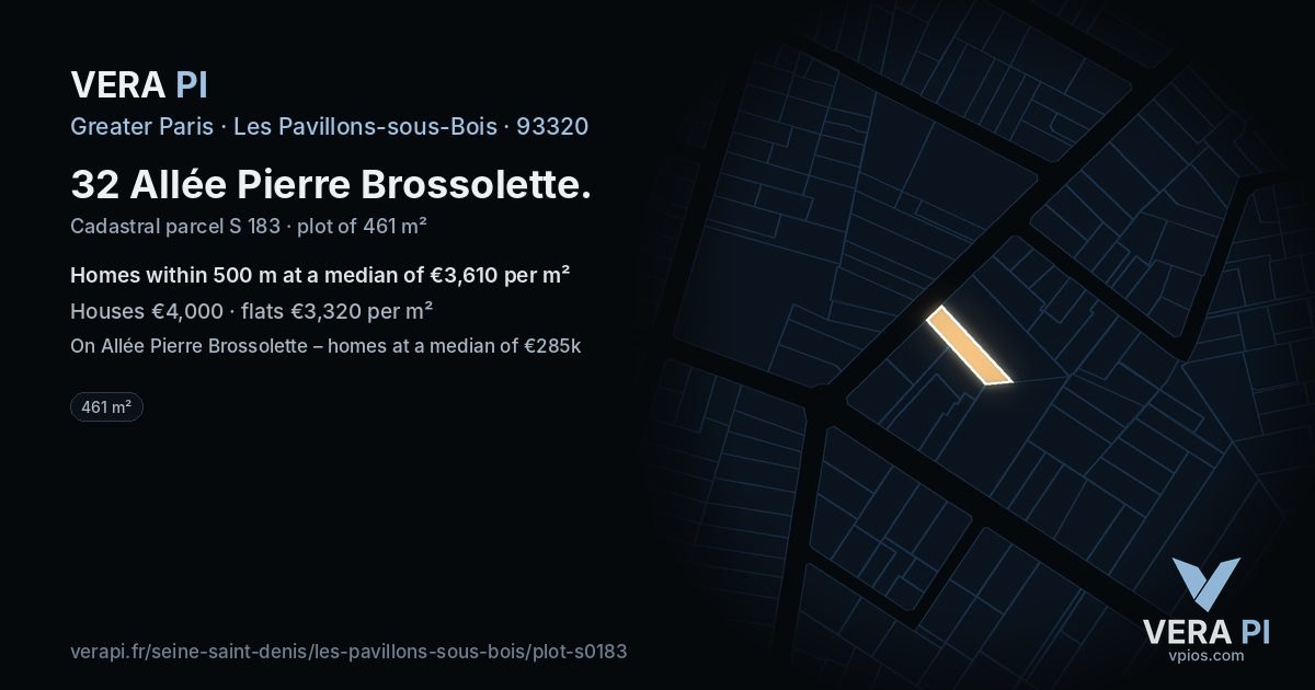 32 Allée Pierre Brossolette, Les Pavillons-sous-Bois at night – the plot lit, the parcels around coloured by the prices near them