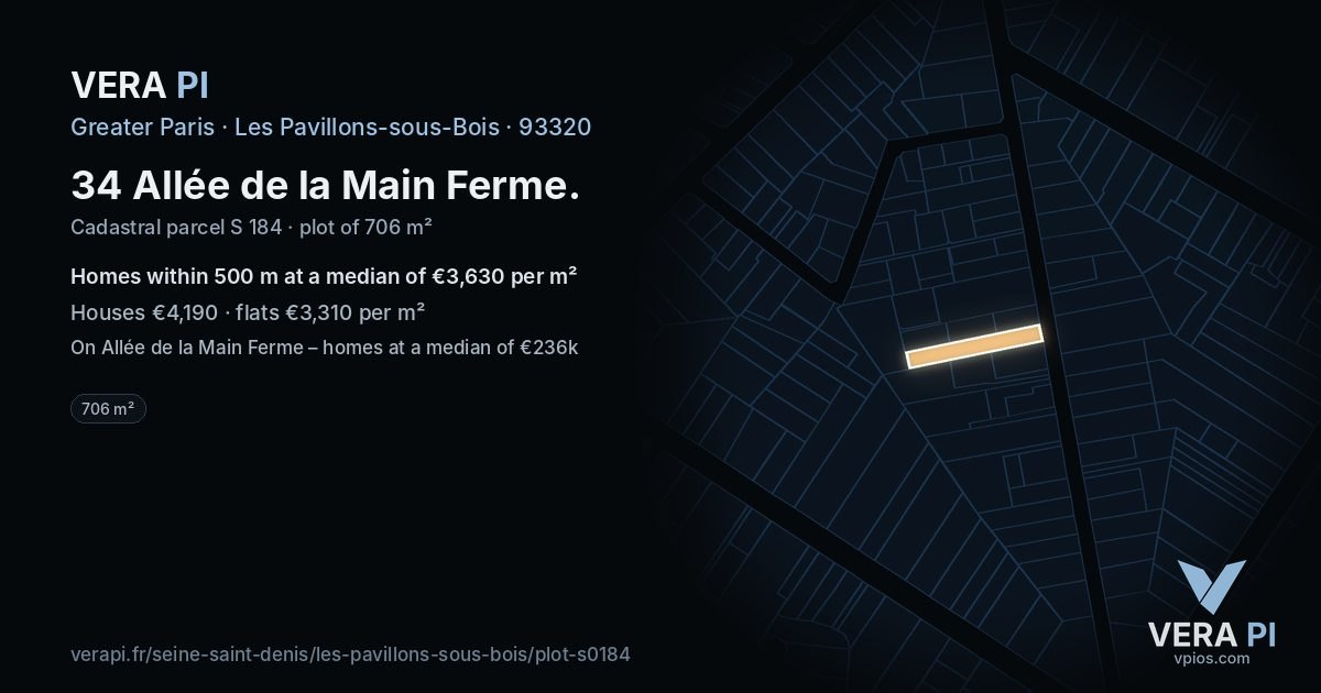34 Allée de la Main Ferme, Les Pavillons-sous-Bois at night – the plot lit, the parcels around coloured by the prices near them