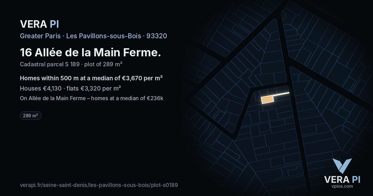 16 Allée de la Main Ferme, Les Pavillons-sous-Bois at night – the plot lit, the parcels around coloured by the prices near them
