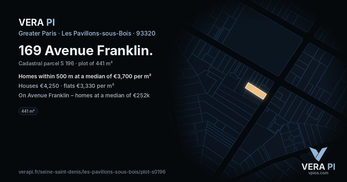 169 Avenue Franklin, Les Pavillons-sous-Bois at night – the plot lit, the parcels around coloured by the prices near them