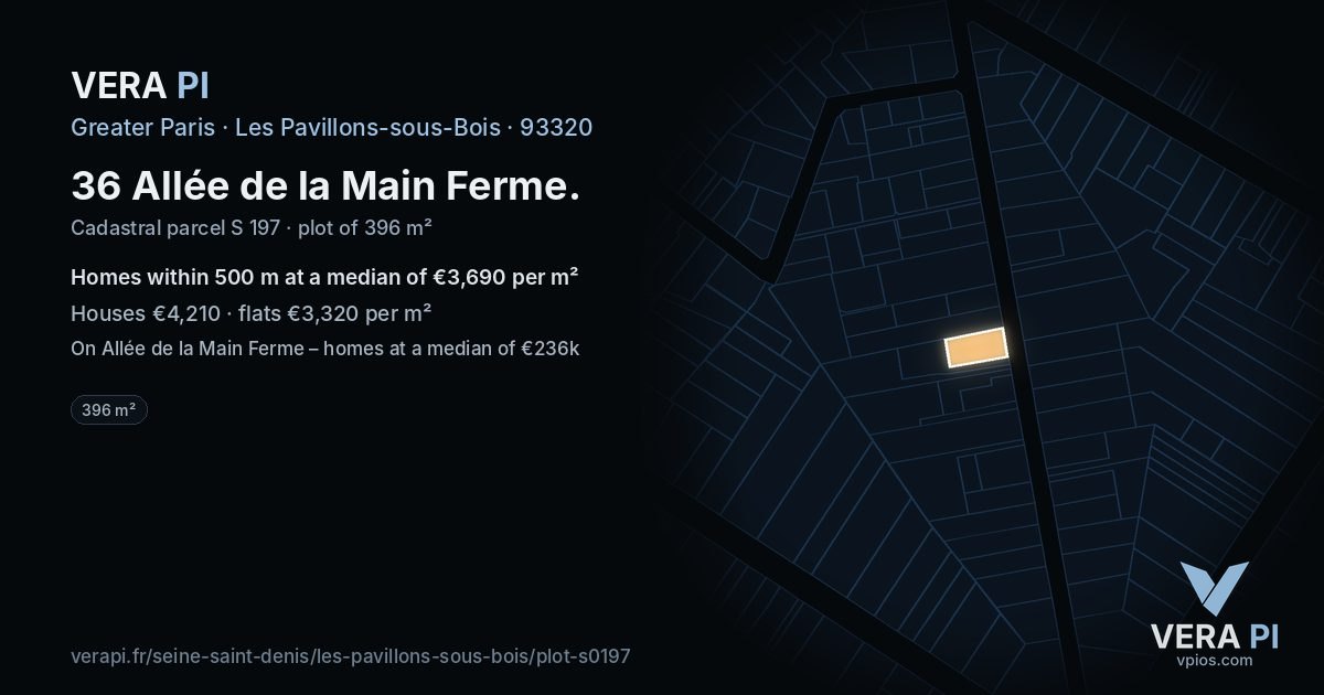 36 Allée de la Main Ferme, Les Pavillons-sous-Bois at night – the plot lit, the parcels around coloured by the prices near them