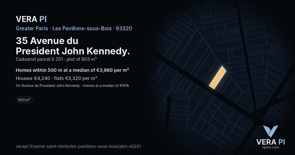 35 Avenue du President John Kennedy, Les Pavillons-sous-Bois at night – the plot lit, the parcels around coloured by the prices near them