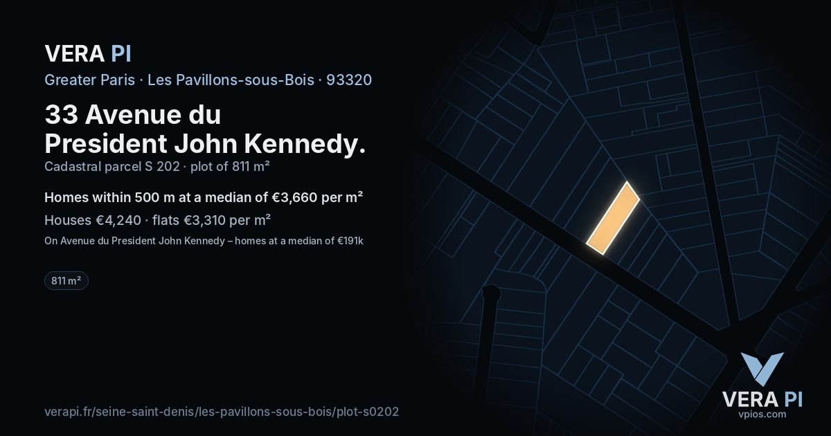 33 Avenue du President John Kennedy, Les Pavillons-sous-Bois at night – the plot lit, the parcels around coloured by the prices near them