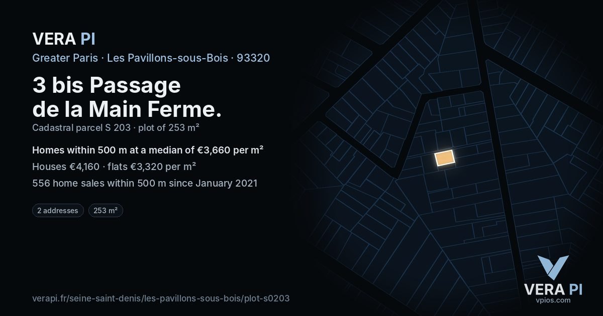 3 bis Passage de la Main Ferme, Les Pavillons-sous-Bois at night – the plot lit, the parcels around coloured by the prices near them