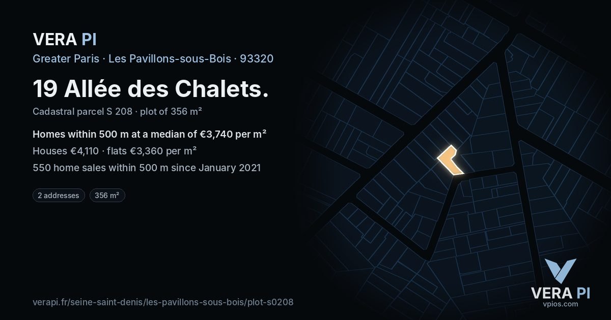 19 Allée des Chalets, Les Pavillons-sous-Bois at night – the plot lit, the parcels around coloured by the prices near them