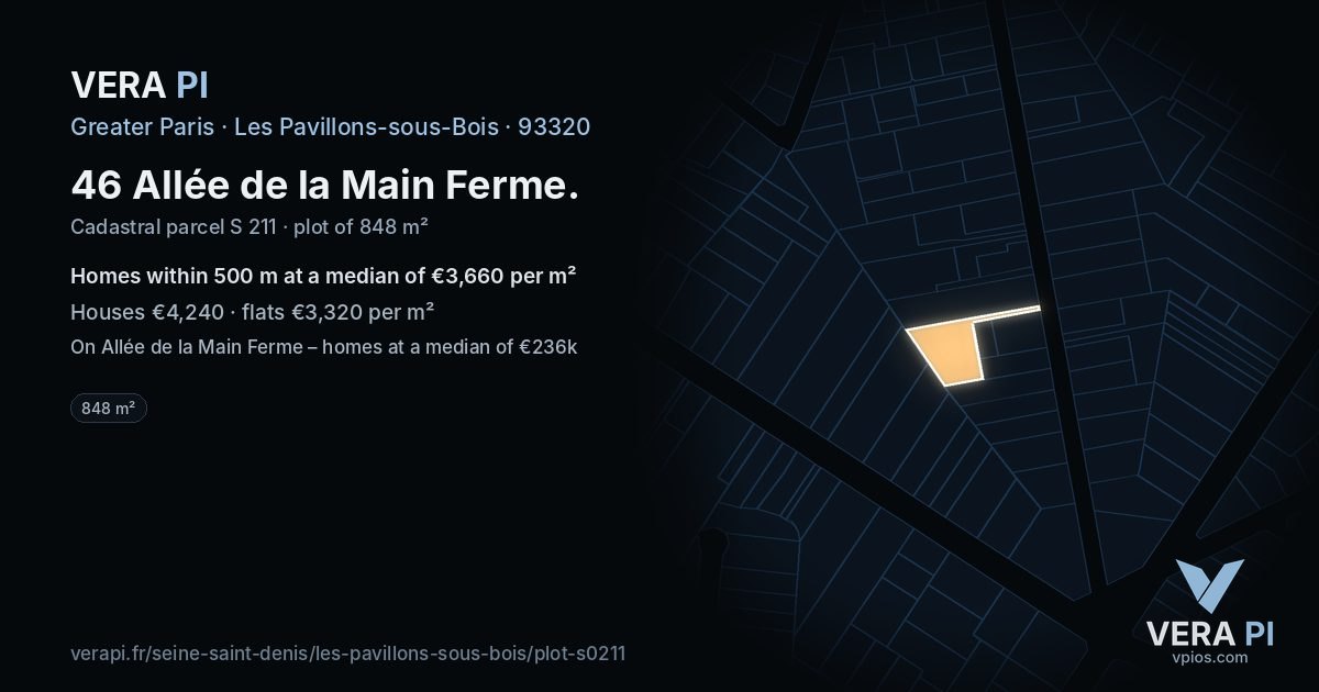 46 Allée de la Main Ferme, Les Pavillons-sous-Bois at night – the plot lit, the parcels around coloured by the prices near them