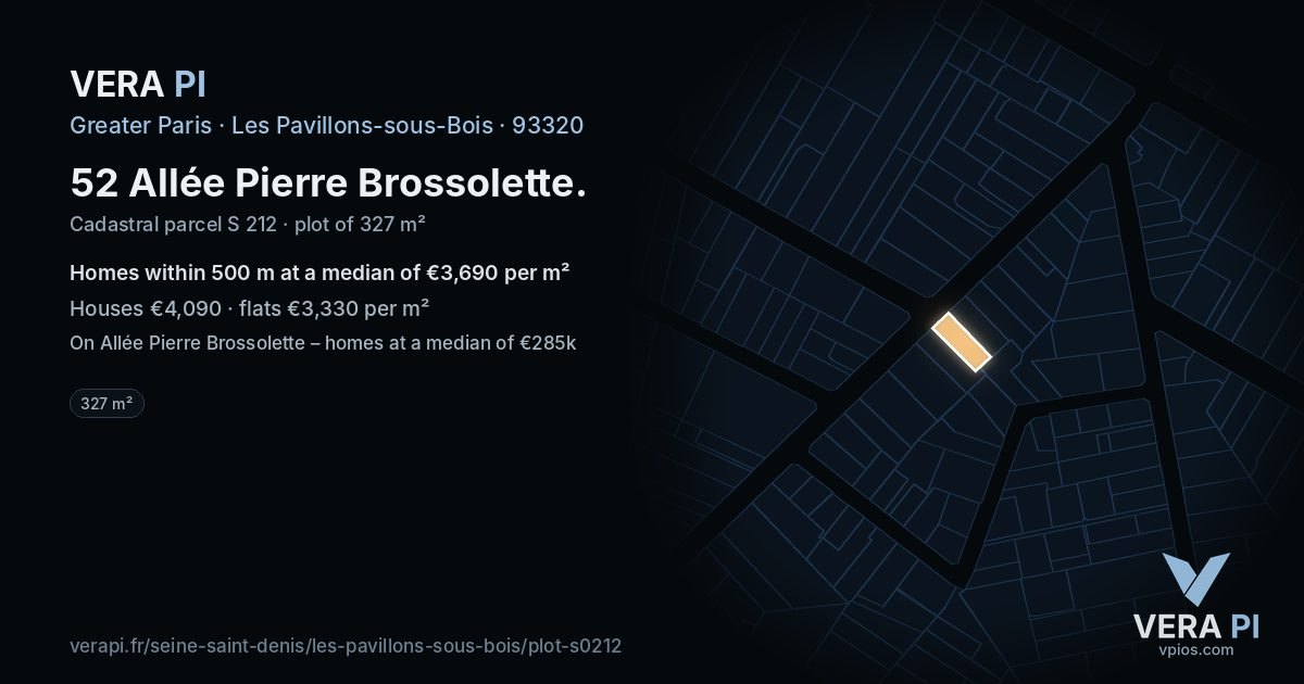 52 Allée Pierre Brossolette, Les Pavillons-sous-Bois at night – the plot lit, the parcels around coloured by the prices near them