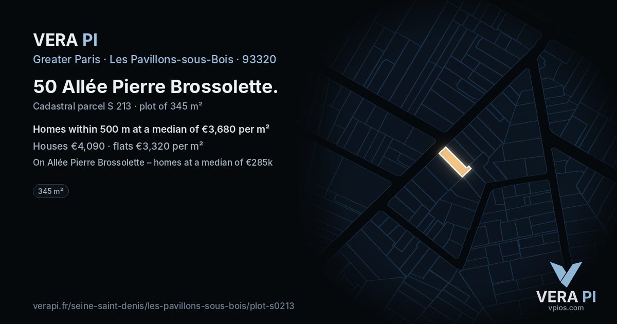50 Allée Pierre Brossolette, Les Pavillons-sous-Bois at night – the plot lit, the parcels around coloured by the prices near them