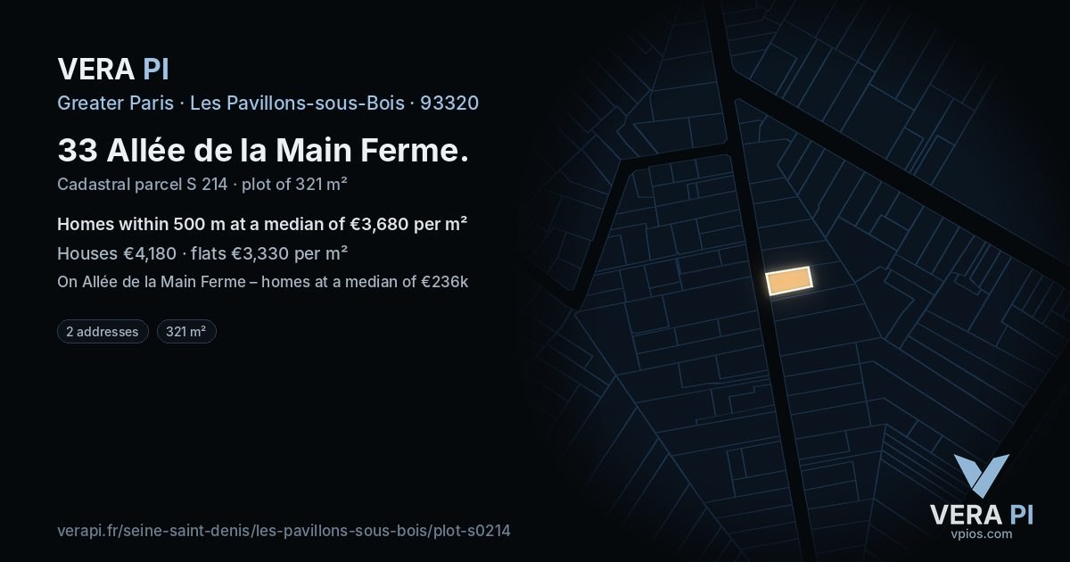 33 Allée de la Main Ferme, Les Pavillons-sous-Bois at night – the plot lit, the parcels around coloured by the prices near them