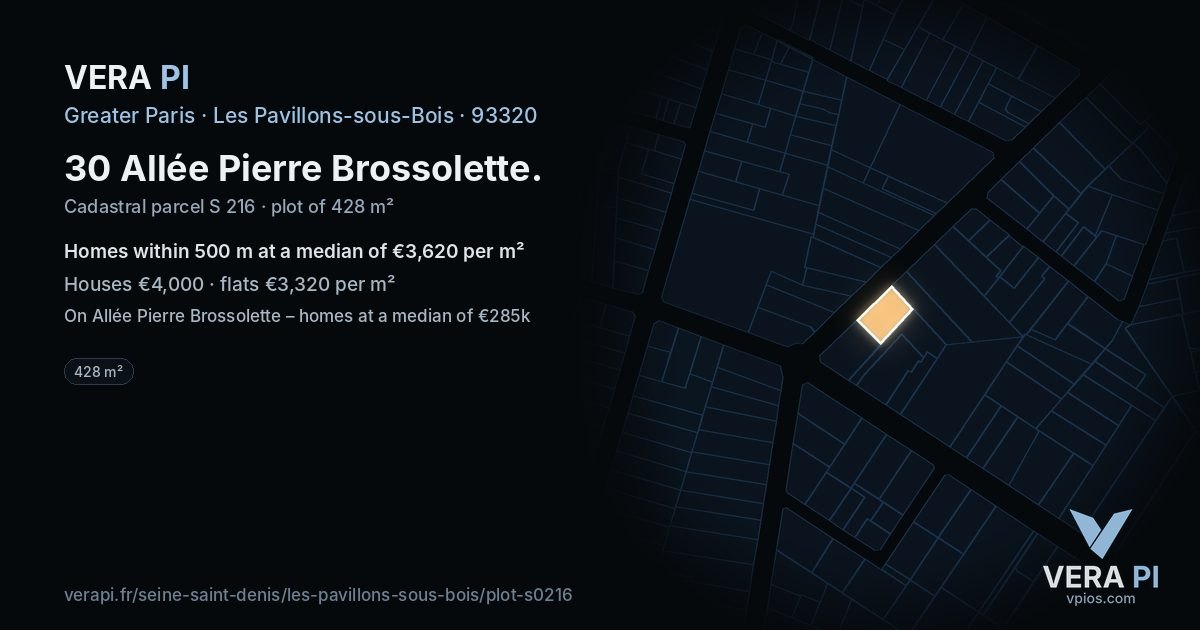 30 Allée Pierre Brossolette, Les Pavillons-sous-Bois at night – the plot lit, the parcels around coloured by the prices near them