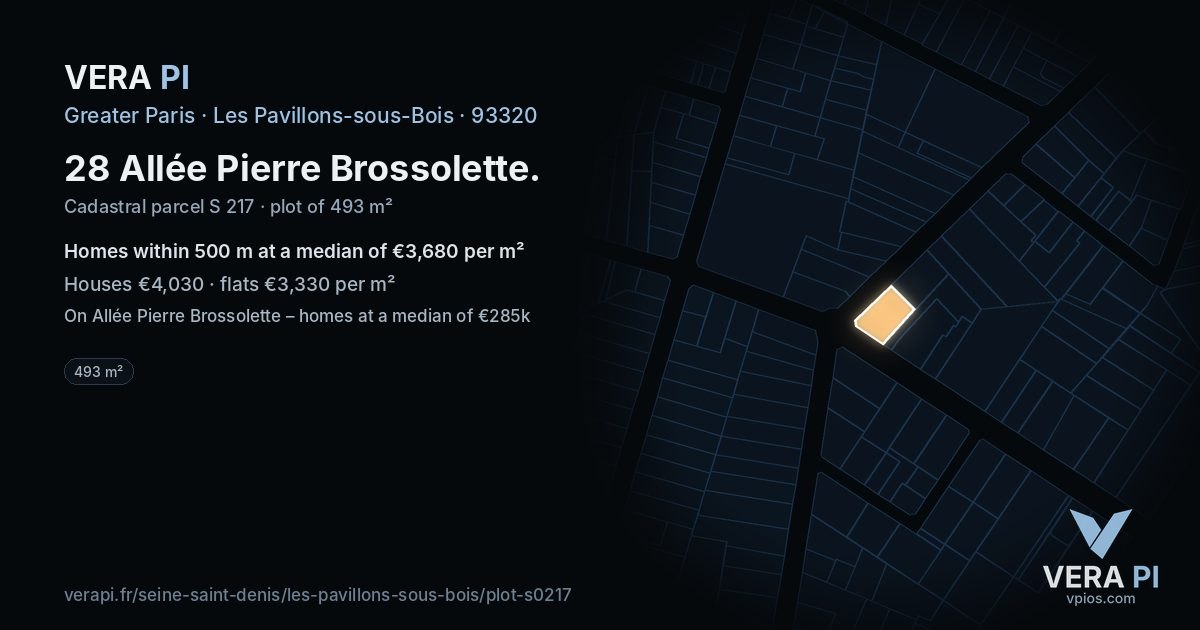 28 Allée Pierre Brossolette, Les Pavillons-sous-Bois at night – the plot lit, the parcels around coloured by the prices near them