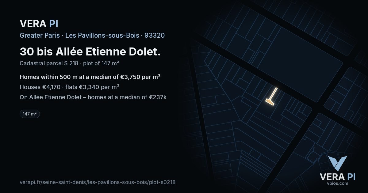 30 bis Allée Etienne Dolet, Les Pavillons-sous-Bois at night – the plot lit, the parcels around coloured by the prices near them