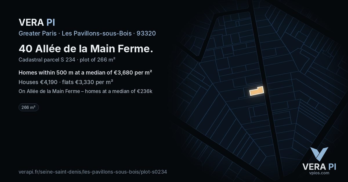 40 Allée de la Main Ferme, Les Pavillons-sous-Bois at night – the plot lit, the parcels around coloured by the prices near them