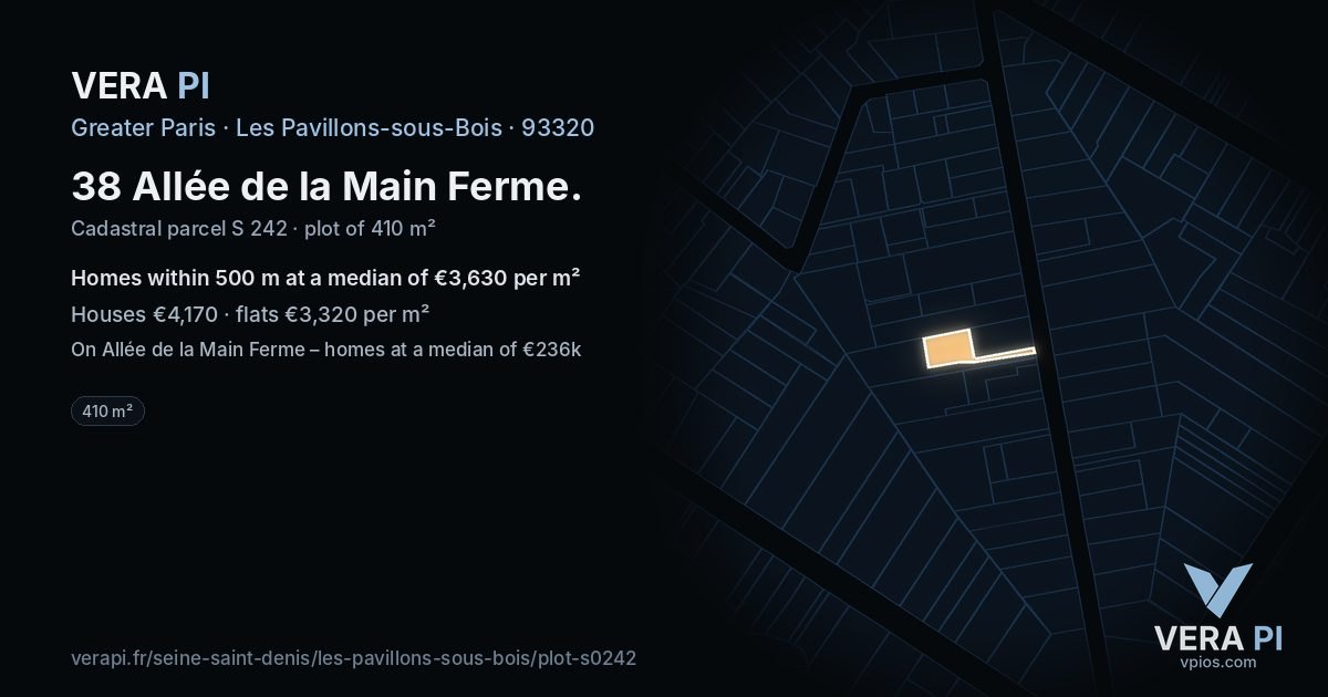 38 Allée de la Main Ferme, Les Pavillons-sous-Bois at night – the plot lit, the parcels around coloured by the prices near them
