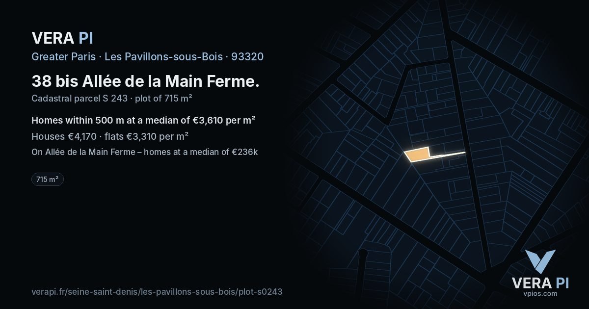 38 bis Allée de la Main Ferme, Les Pavillons-sous-Bois at night – the plot lit, the parcels around coloured by the prices near them