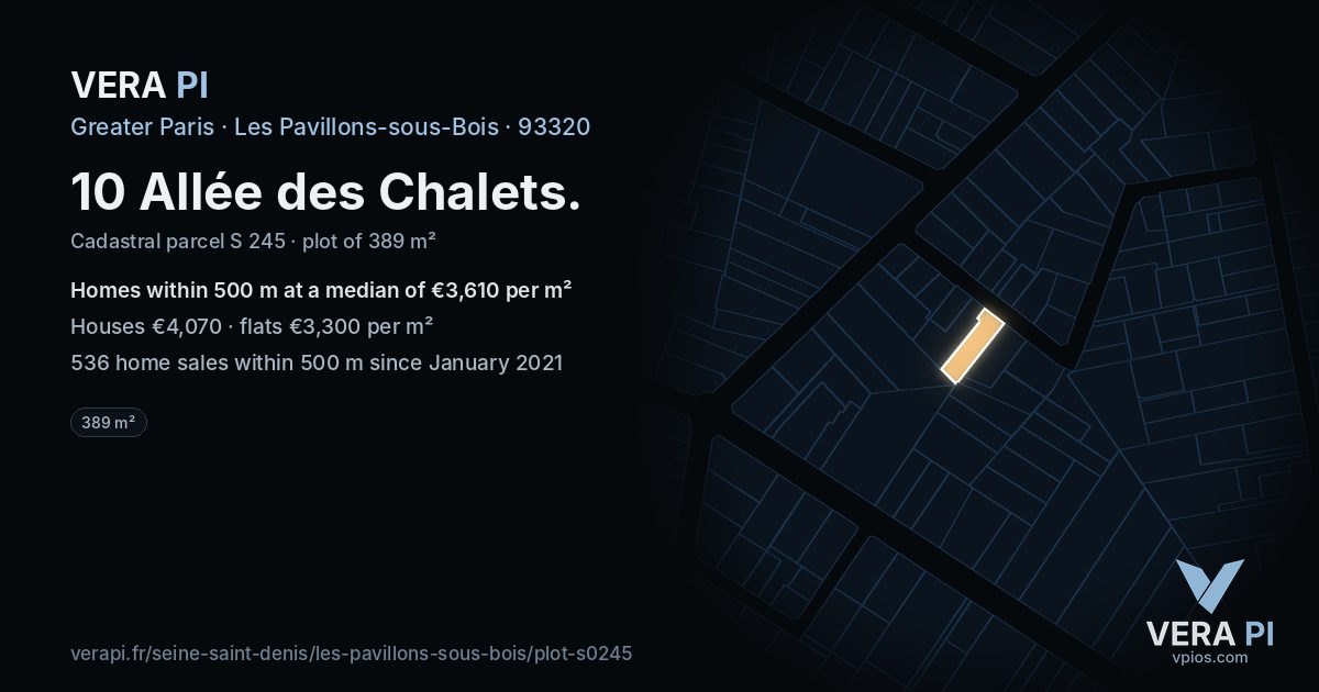 10 Allée des Chalets, Les Pavillons-sous-Bois at night – the plot lit, the parcels around coloured by the prices near them