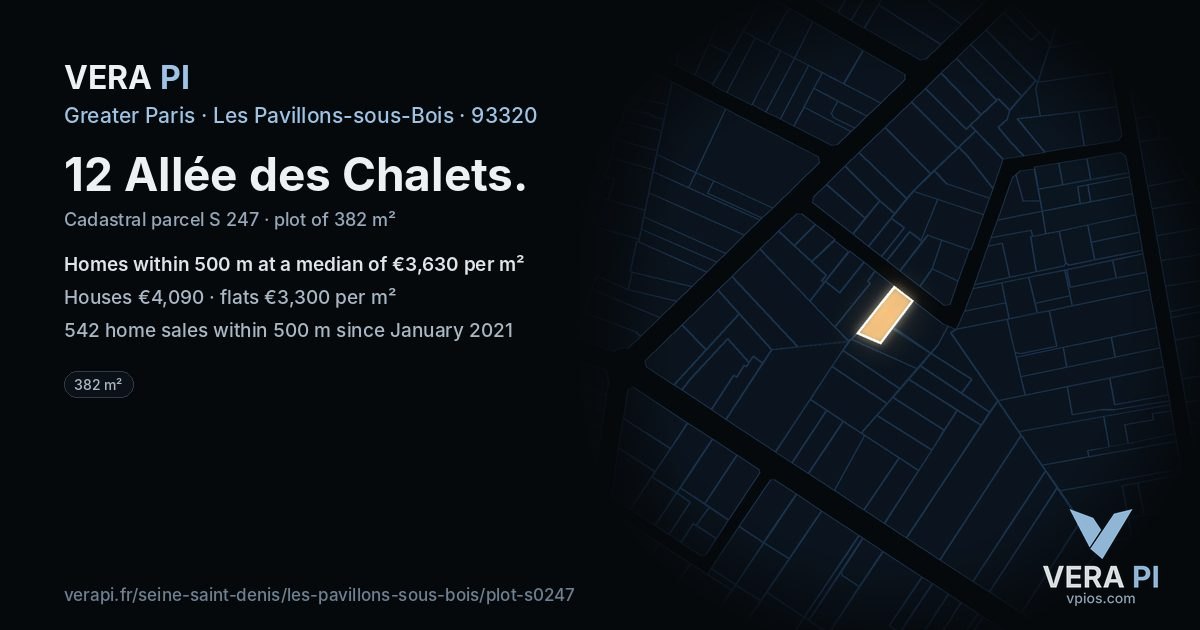 12 Allée des Chalets, Les Pavillons-sous-Bois at night – the plot lit, the parcels around coloured by the prices near them