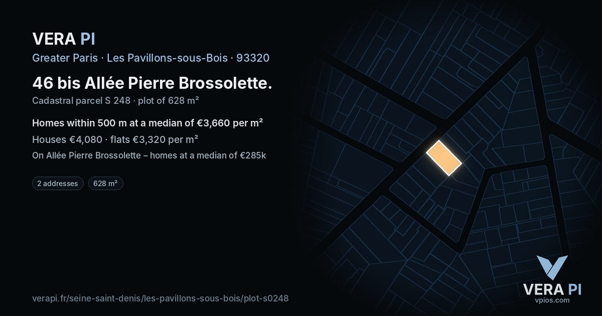 46 bis Allée Pierre Brossolette, Les Pavillons-sous-Bois at night – the plot lit, the parcels around coloured by the prices near them