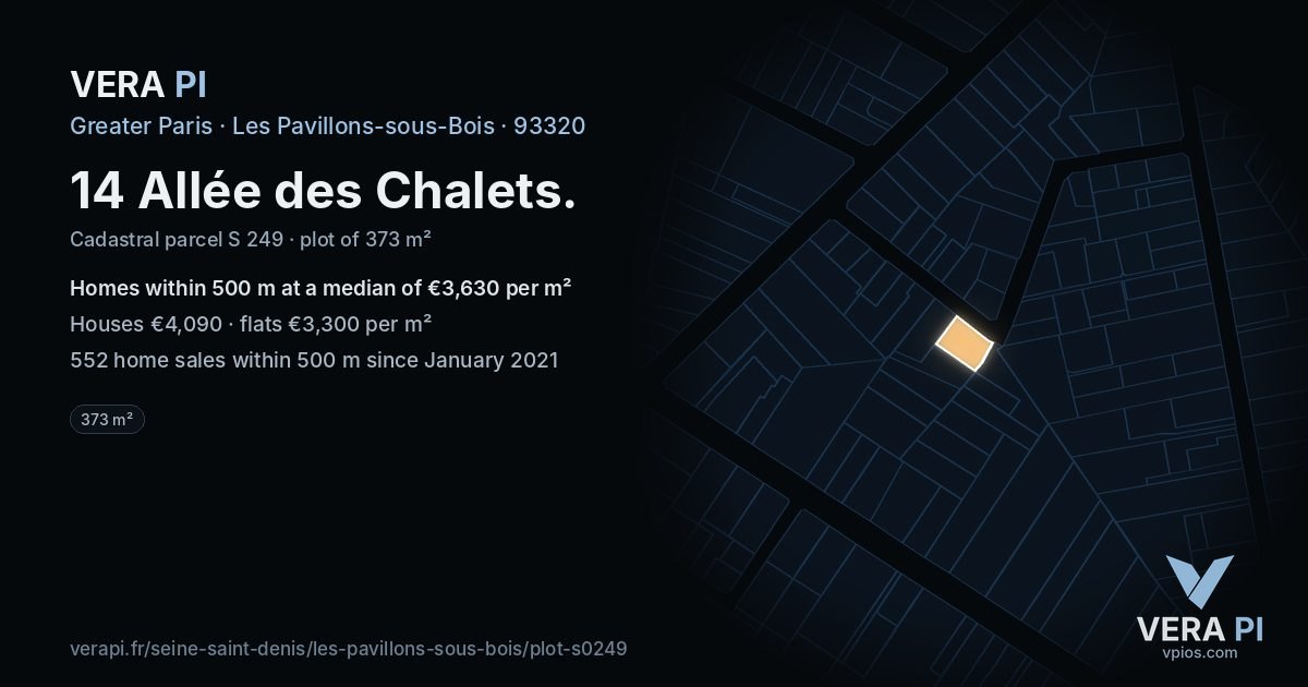 14 Allée des Chalets, Les Pavillons-sous-Bois at night – the plot lit, the parcels around coloured by the prices near them