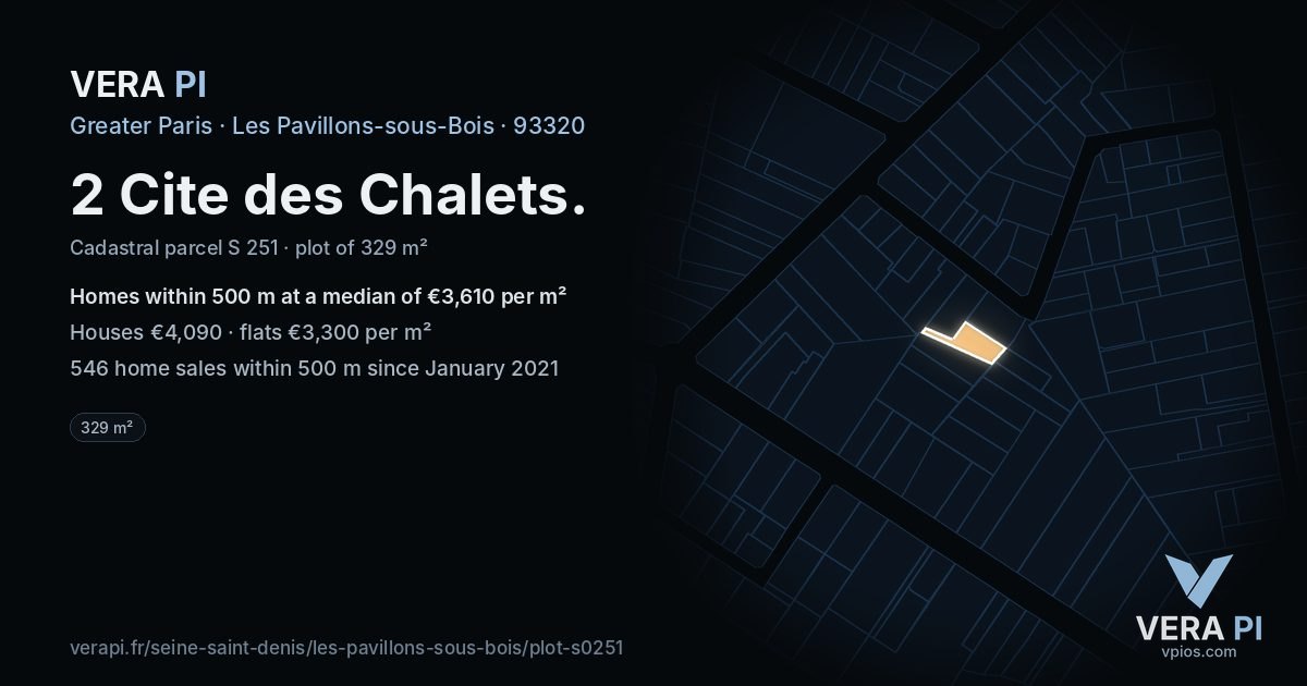 2 Cite des Chalets, Les Pavillons-sous-Bois at night – the plot lit, the parcels around coloured by the prices near them