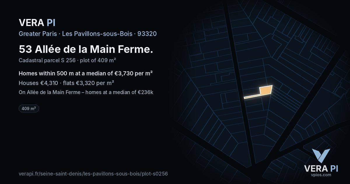 53 Allée de la Main Ferme, Les Pavillons-sous-Bois at night – the plot lit, the parcels around coloured by the prices near them