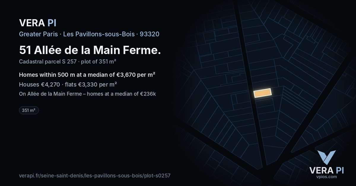 51 Allée de la Main Ferme, Les Pavillons-sous-Bois at night – the plot lit, the parcels around coloured by the prices near them