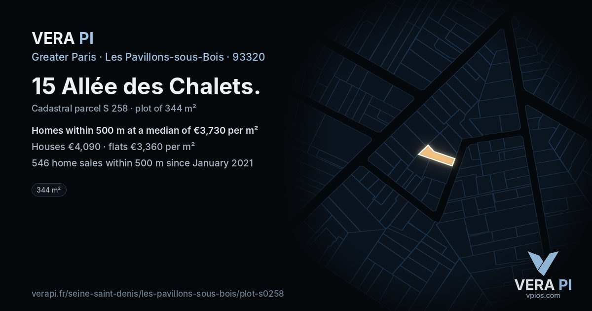 15 Allée des Chalets, Les Pavillons-sous-Bois at night – the plot lit, the parcels around coloured by the prices near them