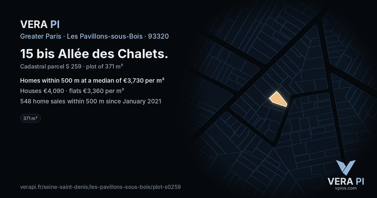 15 bis Allée des Chalets, Les Pavillons-sous-Bois at night – the plot lit, the parcels around coloured by the prices near them