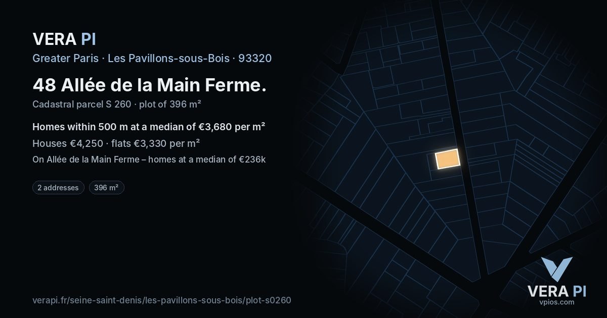 48 Allée de la Main Ferme, Les Pavillons-sous-Bois at night – the plot lit, the parcels around coloured by the prices near them