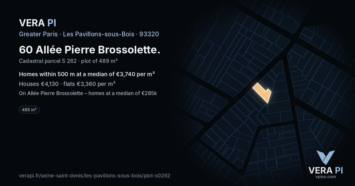 60 Allée Pierre Brossolette, Les Pavillons-sous-Bois at night – the plot lit, the parcels around coloured by the prices near them