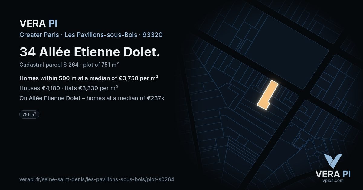 34 Allée Etienne Dolet, Les Pavillons-sous-Bois at night – the plot lit, the parcels around coloured by the prices near them