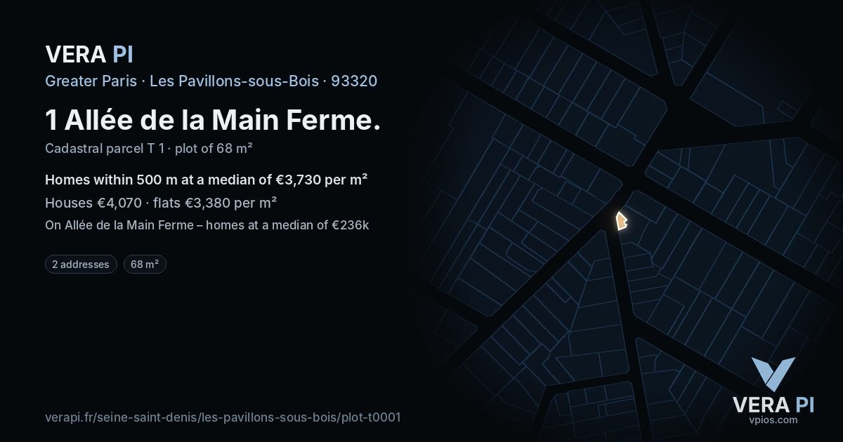 1 Allée de la Main Ferme, Les Pavillons-sous-Bois at night – the plot lit, the parcels around coloured by the prices near them