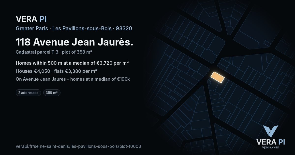 118 Avenue Jean Jaurès, Les Pavillons-sous-Bois at night – the plot lit, the parcels around coloured by the prices near them