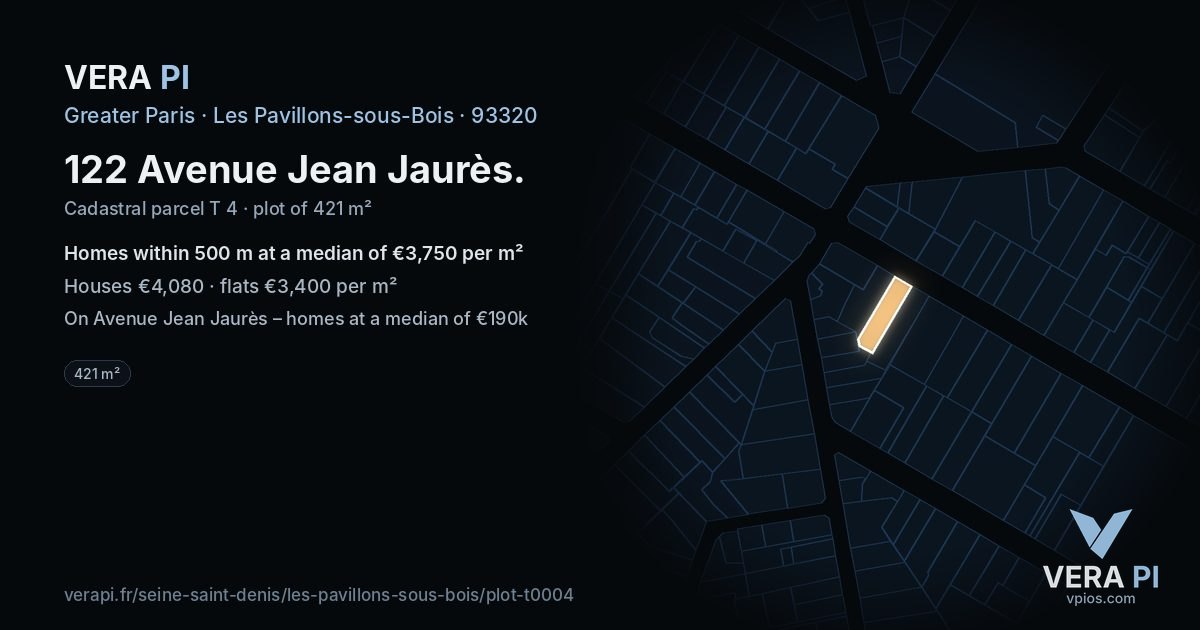 122 Avenue Jean Jaurès, Les Pavillons-sous-Bois at night – the plot lit, the parcels around coloured by the prices near them